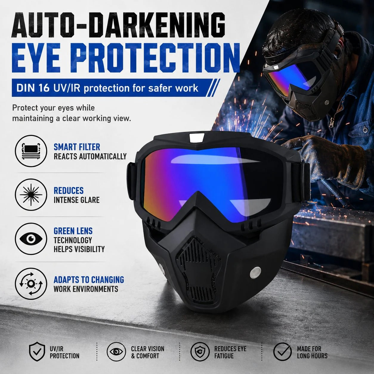 🤿Multi-Functional Protective Face Mask - Auto-Darkening Welding Goggles, Anti-Fog Skiing Shield & Dustproof Yard Work Gear - All-Terrain Safety Mask