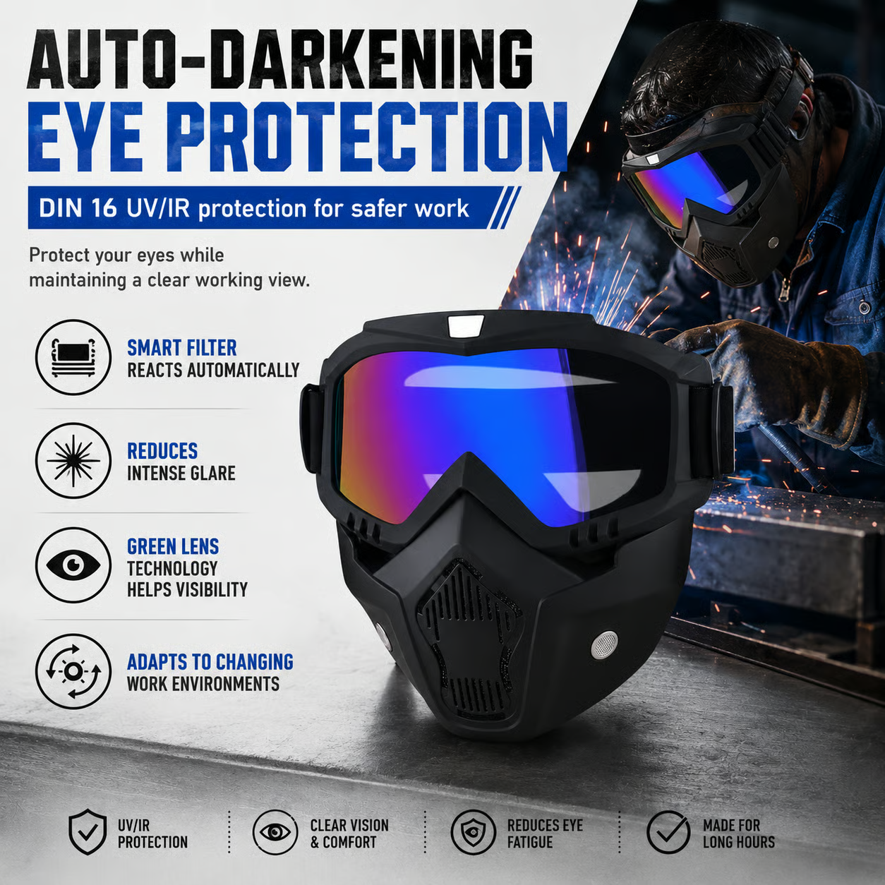 🤿Multi-Functional Protective Face Mask - Auto-Darkening Welding Goggles, Anti-Fog Skiing Shield & Dustproof Yard Work Gear - All-Terrain Safety Mask