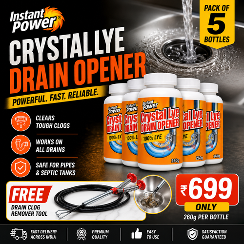 Power Crystal Lye Drain Opener Unclogs Bathroom Pipe and Kitchen Sinks PACK OF 5