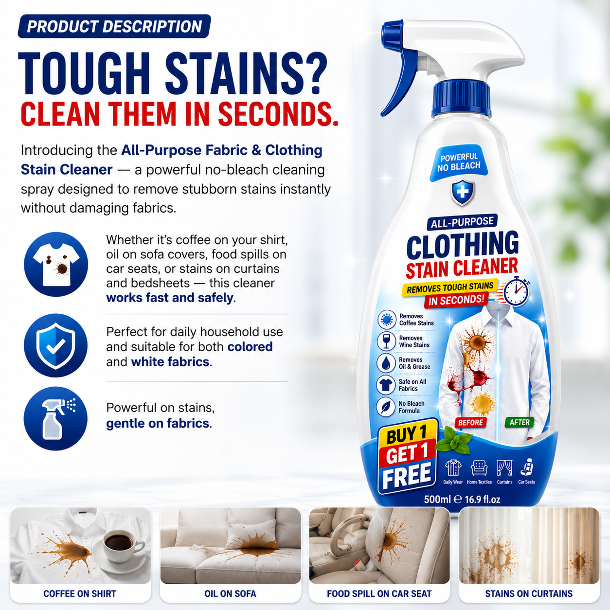 All-Purpose Fabric & Stain Cleaner Spray | Removes Coffee, Oil & Tough Stains Instantly | Buy 1 Get 1 Free