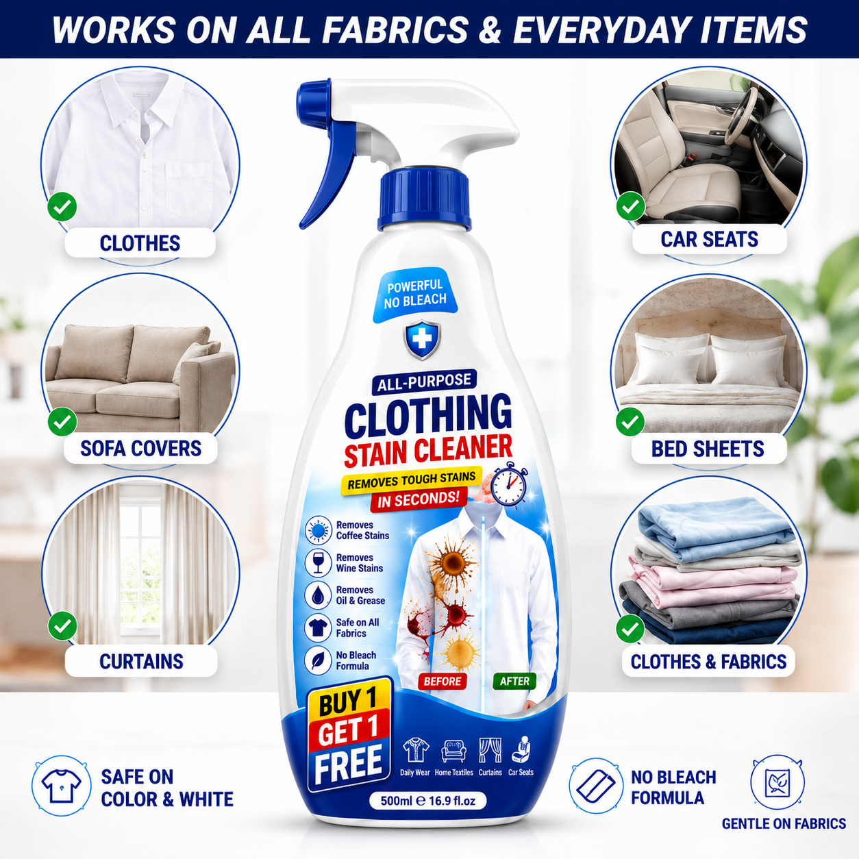 All-Purpose Fabric & Stain Cleaner Spray | Removes Coffee, Oil & Tough Stains Instantly | Buy 1 Get 1 Free